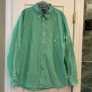 Chaps green and white striped button down shirt